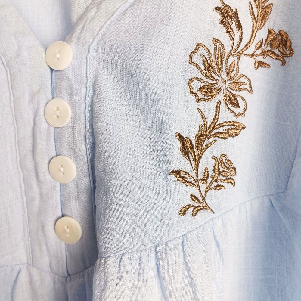 Bloomchic Cotton Boho Blouse Blue w Brown Embroidery Size 26/4X - Picture 3 of 10